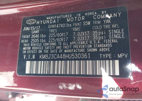 2017 Hyundai Tucson Se z USA, uszkodzony, nr VIN KM8J3CA48HU530361